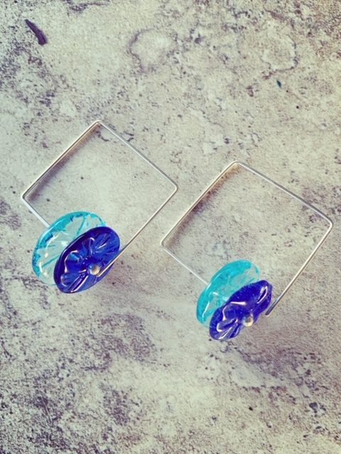 Recycled glass earrings | blue square hoop earrings, beads made from gin and vodka bottles