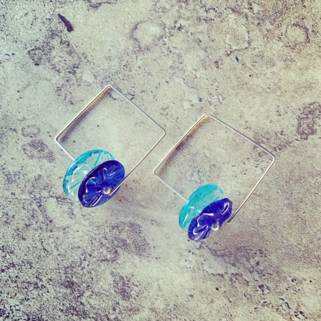 Recycled glass earrings | blue square hoop earrings, beads made from gin and vodka bottles