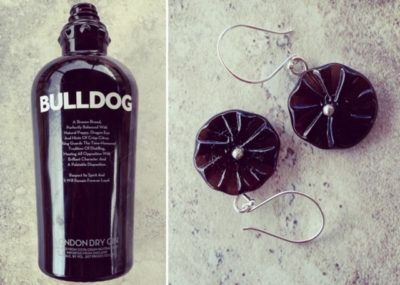 Recycled glass earrings | flower beads made from a Bulldog Gin bottle