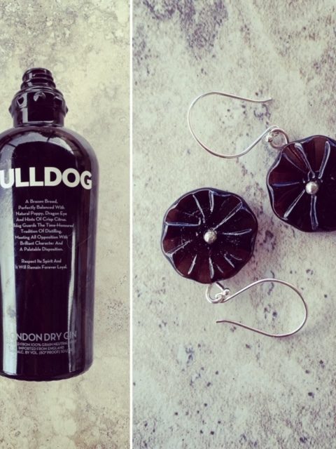 Recycled glass earrings | flower beads made from a Bulldog Gin bottle