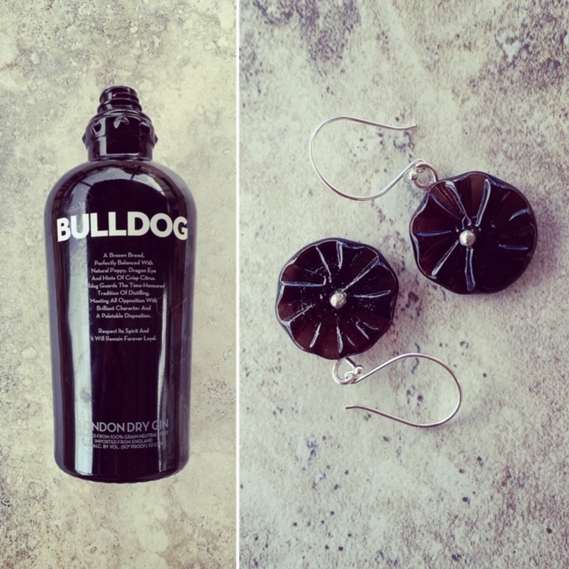 Recycled glass earrings | flower beads made from a Bulldog Gin bottle