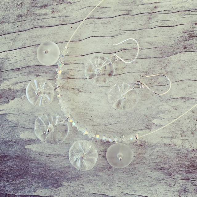 Recycled glass necklace | beads made from a clear wine bottle