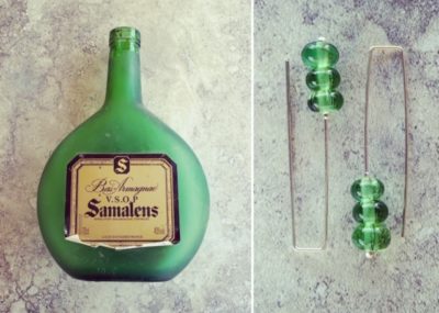 Recycled glass earrings | beads made from a sand-blasted green bottle
