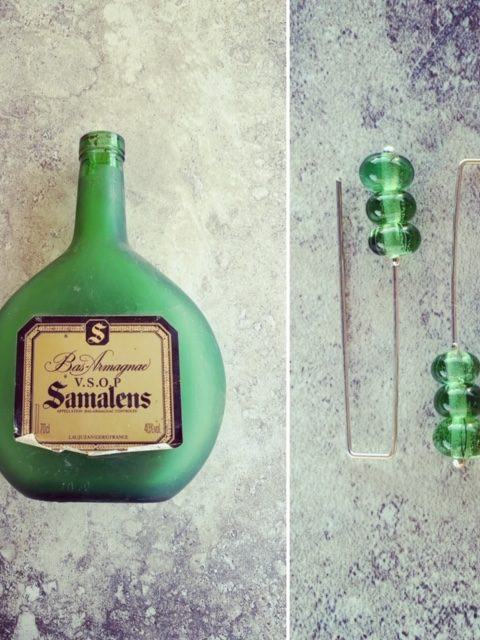 Recycled glass earrings | beads made from a sand-blasted green bottle
