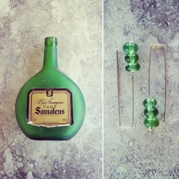 Recycled glass earrings | beads made from a sand-blasted green bottle