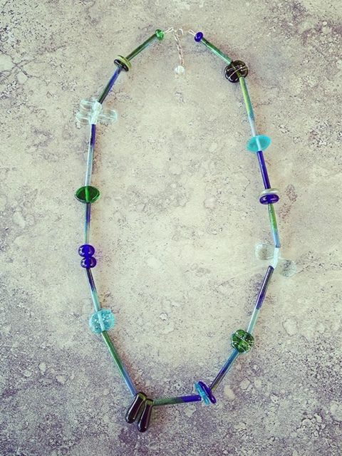 Recycled glass necklace | glass beads made from wine, gin, vodka and champagne bottles, with enamel tube beads