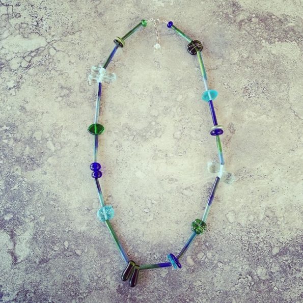 Recycled glass necklace | glass beads made from wine, gin, vodka and champagne bottles, with enamel tube beads