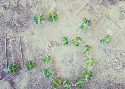 Recycled glass jewellery | fresh green earrings and bracelet made from a wine bottle