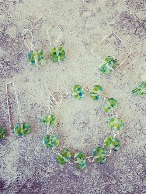 Recycled glass jewellery | fresh green earrings and bracelet made from a wine bottle
