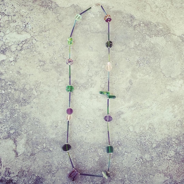 Recycled glass necklace | purple and green recycled glass beads made from various glass objects