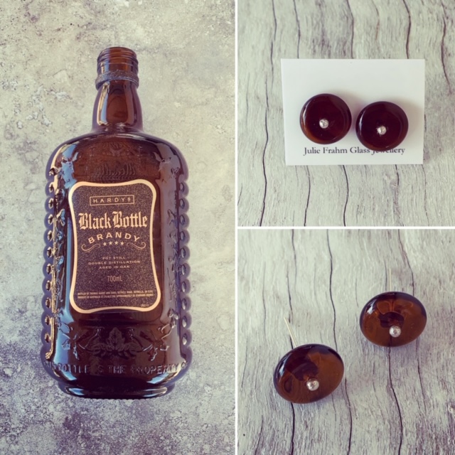 Recycled glass earrings | amber studs made from a brandy bottle