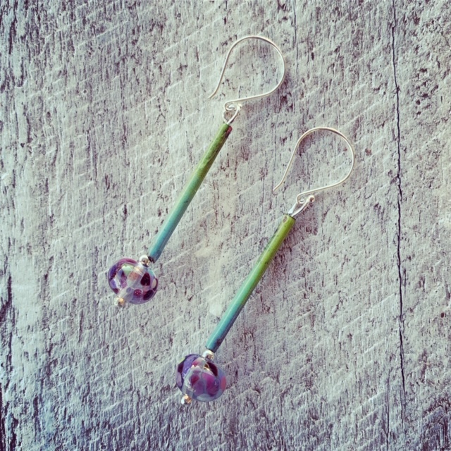 Recycled glass earrings | purple and green earrings made from a Banrock Station wine bottle