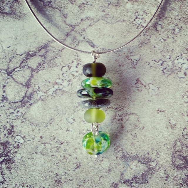 Green recycled glass necklace | glass beads made from assorted glass objects