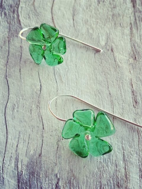 Recycled glass earrings | green flower earrings made from a Tanqueray Gin bottle