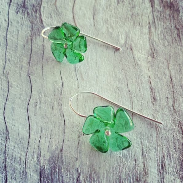 Recycled glass earrings | green flower earrings made from a Tanqueray Gin bottle