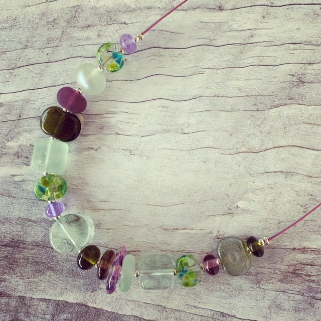 Recycled glass necklace | beads made from various glass sources, pretty mix of purple and green beads