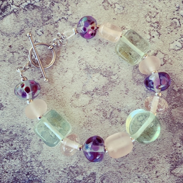 Recycled glass bracelet | beads made from Pink and Green Depression glass
