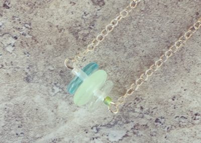 Recycled glass necklace | glass beads made from gin and tonic water bottles and Green Depression Glass