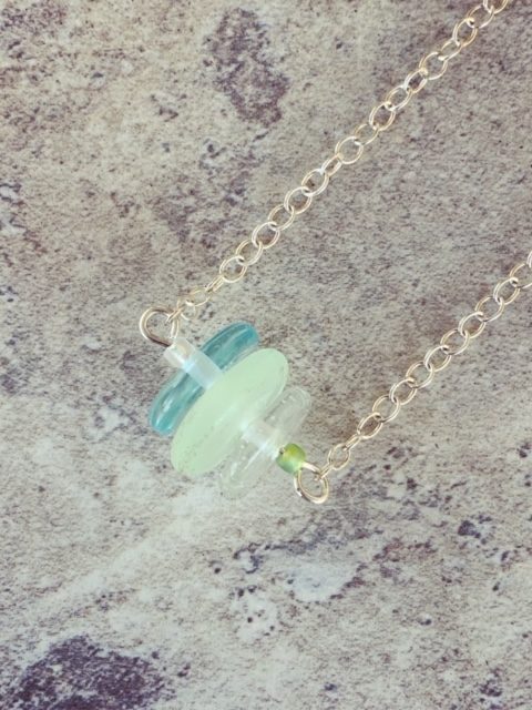Recycled glass necklace | glass beads made from gin and tonic water bottles and Green Depression Glass