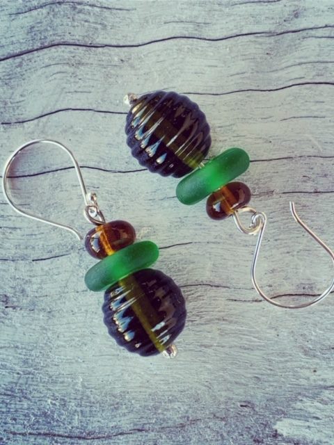 Recycled glass earrings | glass beads made from a Green Ginger Wine bottle