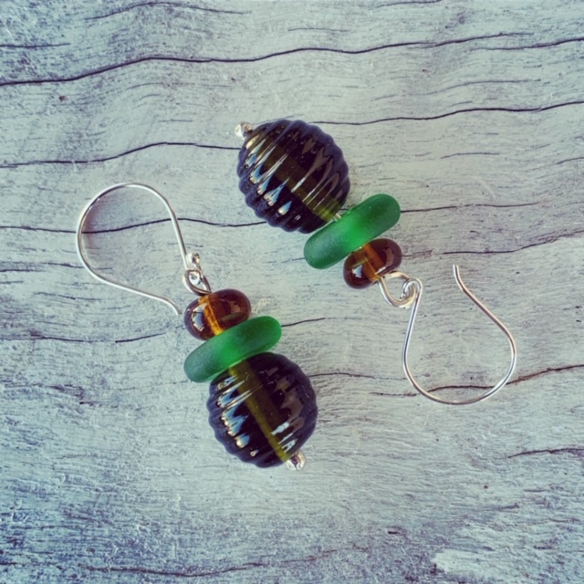 Recycled glass earrings | glass beads made from a Green Ginger Wine bottle
