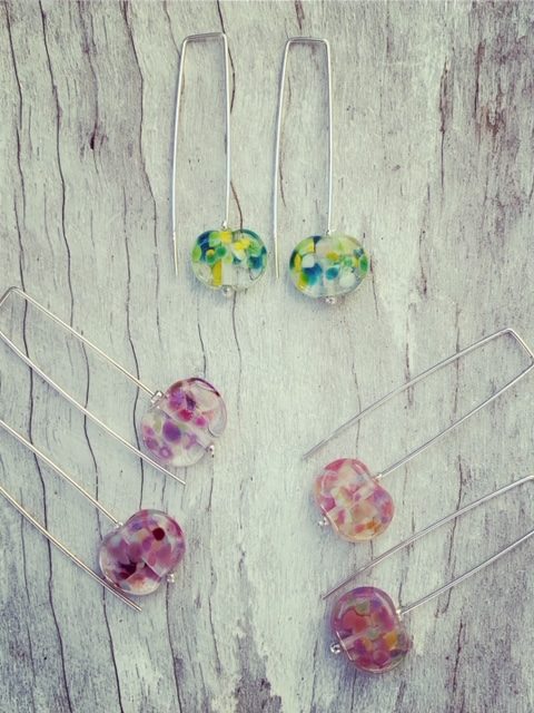 Recycled glass earrings | long colourful earrings now available at Bethany Wines.