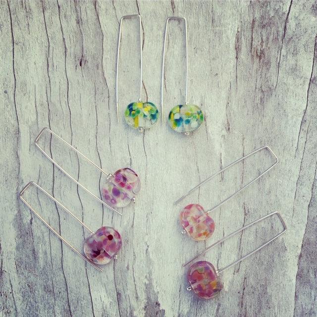 Recycled glass earrings | long colourful earrings now available at Bethany Wines.