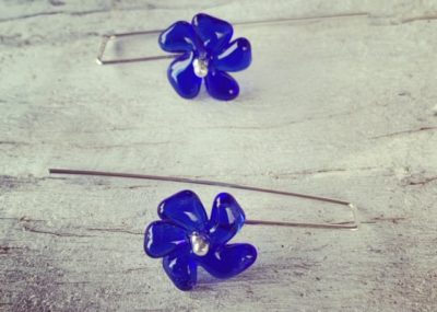 Recycled glass earrings | blue glass flower beads made from a Skyy Vodka bottle