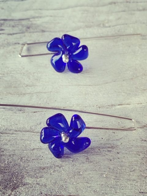 Recycled glass earrings | blue glass flower beads made from a Skyy Vodka bottle