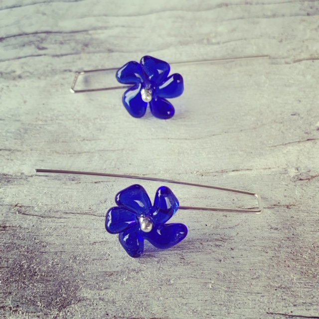 Recycled glass earrings | blue glass flower beads made from a Skyy Vodka bottle