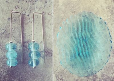 I melted the glass from this pretty blue plate to make some pretty earrings.