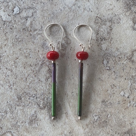 Red enamel earrings - handmade glass beads