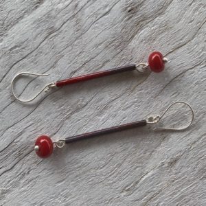 Red enamel earrings with handmade red glass beads