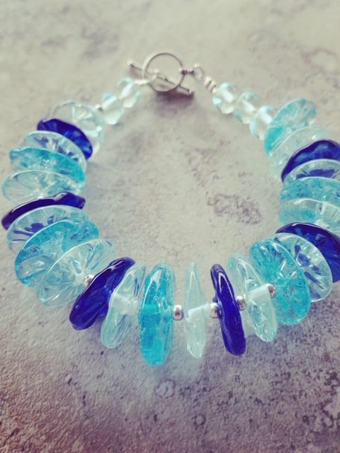 Blue recycled glass bead bracelet, handmade recycled glass beads by Julie Frahm