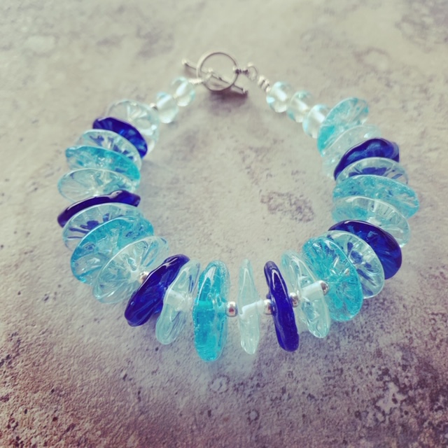 Blue recycled glass bead bracelet, handmade recycled glass beads by Julie Frahm