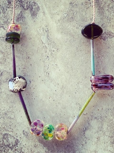 Casual recycled glass bead necklace on silk cord