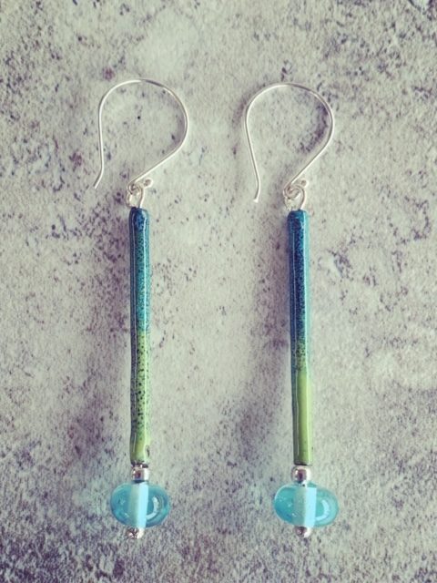 Long Bombay Sapphire Gin and Enamel Earrings