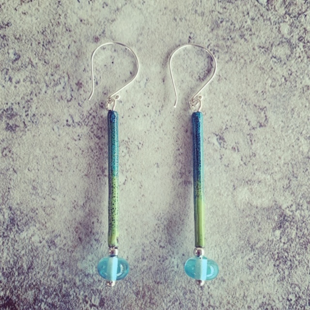 Long Bombay Sapphire Gin and Enamel Earrings