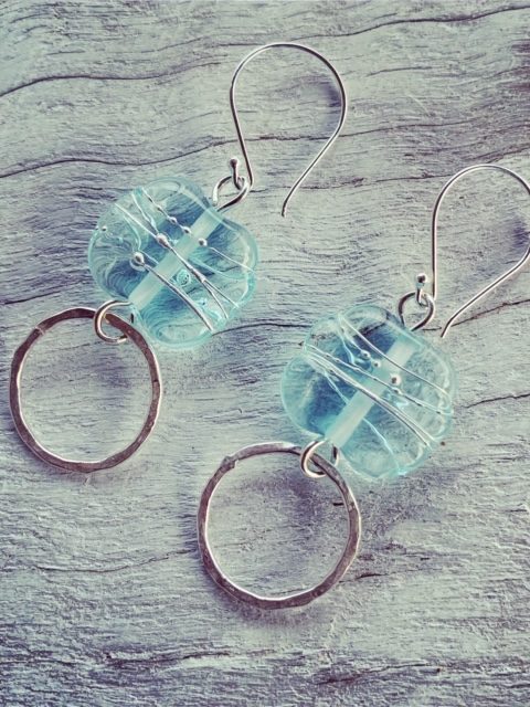 Handmade recycled glass bead earrings, made from a banrock Station wine bottle