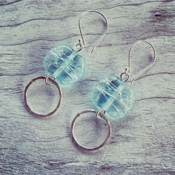 Handmade recycled glass bead earrings, made from a banrock Station wine bottle
