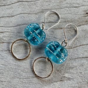Earrings made from a Bombay Sapphire Gin bottle, textured sterling silver rings