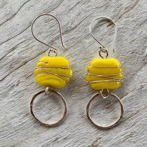 Yellow Italian glass bead earrings with silver textured rings