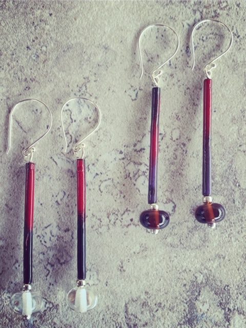 Long earrings, featuring beads made from gin and tonic bottles