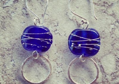 Handmade recycled glass beads made from a Skyy Vodka bottle, beautiful blue glass earrings