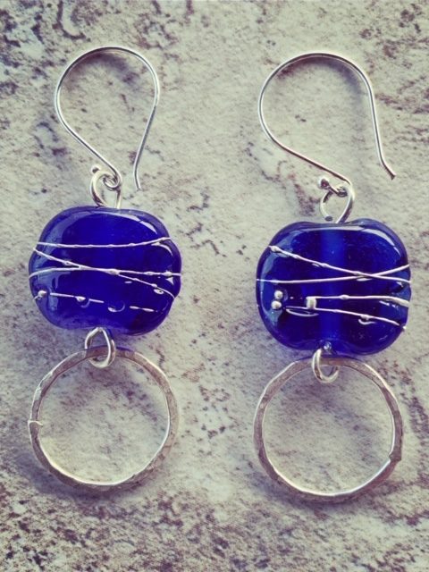 Handmade recycled glass beads made from a Skyy Vodka bottle, beautiful blue glass earrings