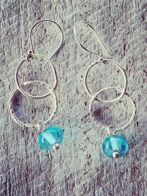 Silver earrings featuring a Bombay Sapphire Gin bottle bead