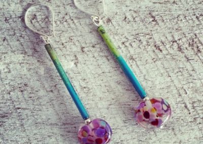 Long copper enamel and recycled glass earrings