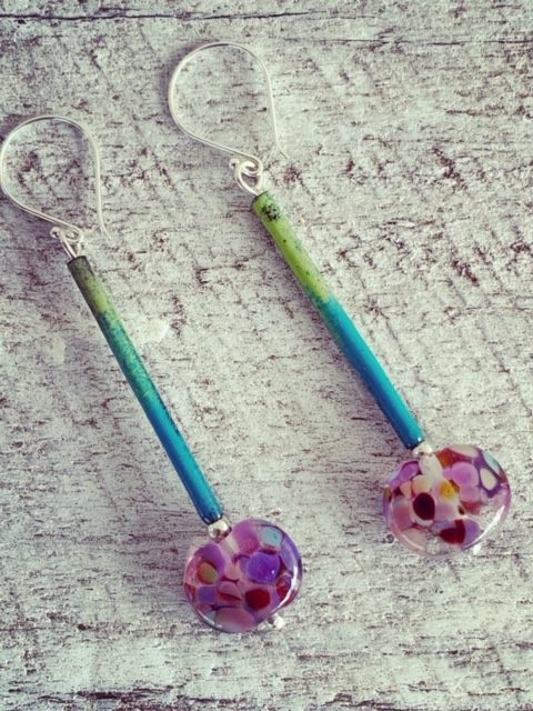 Long copper enamel and recycled glass earrings