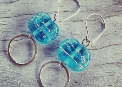 Bombay Sapphire Gin earrings, beads made from a gin bottle