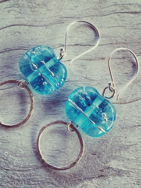 Bombay Sapphire Gin earrings, beads made from a gin bottle